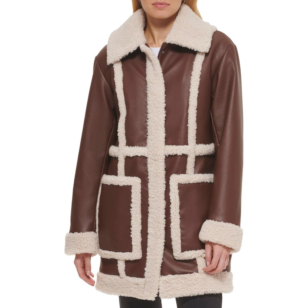 Womens Long Faux Leather Jacket With Faux Sherpa Spill Out